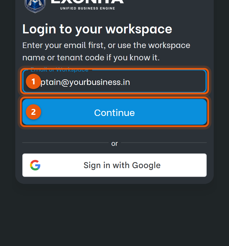 Open the address your manager gave you in your phone's browser. Enter your email in Email or Workspace and select Continue, then enter your password.